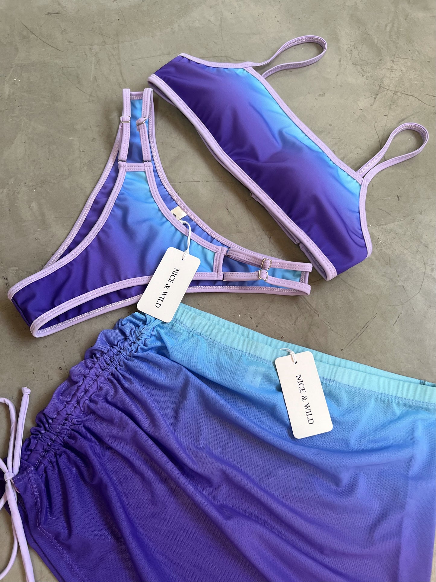 BIKINI MIRANDA DESVANECIDO MORADO + FALDA EN MALLA