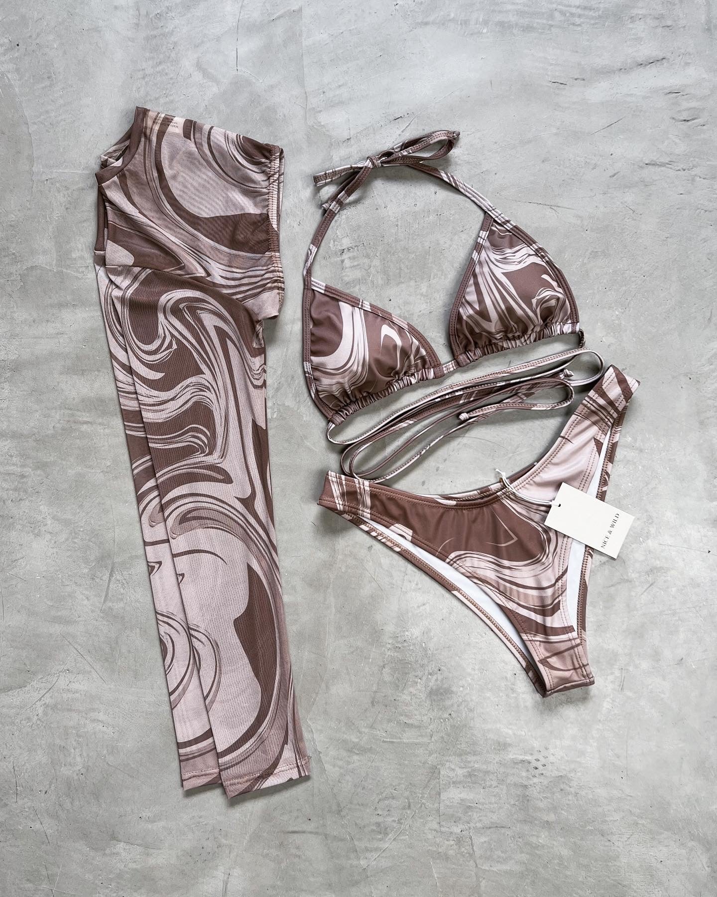 SET BIKINI VETEADO CAFE + FALDA EN MALLA