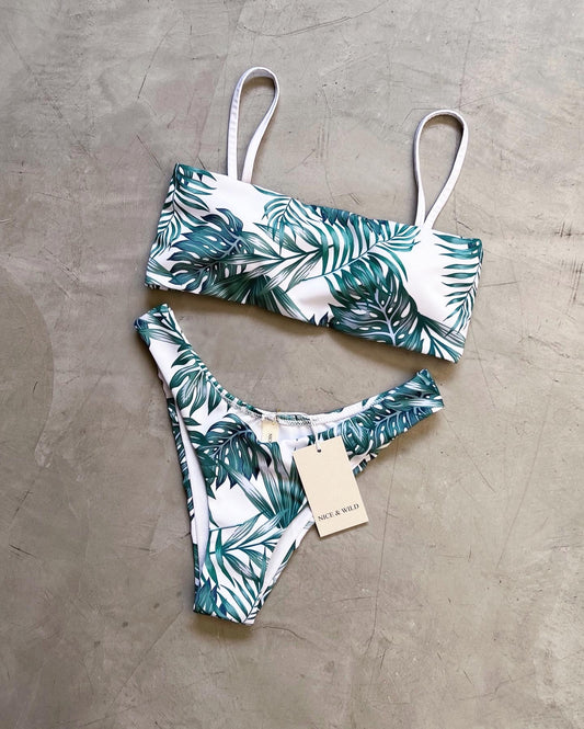 BIKINI STRAPLESS RAMAS VERDE + FALDA EN MALLA