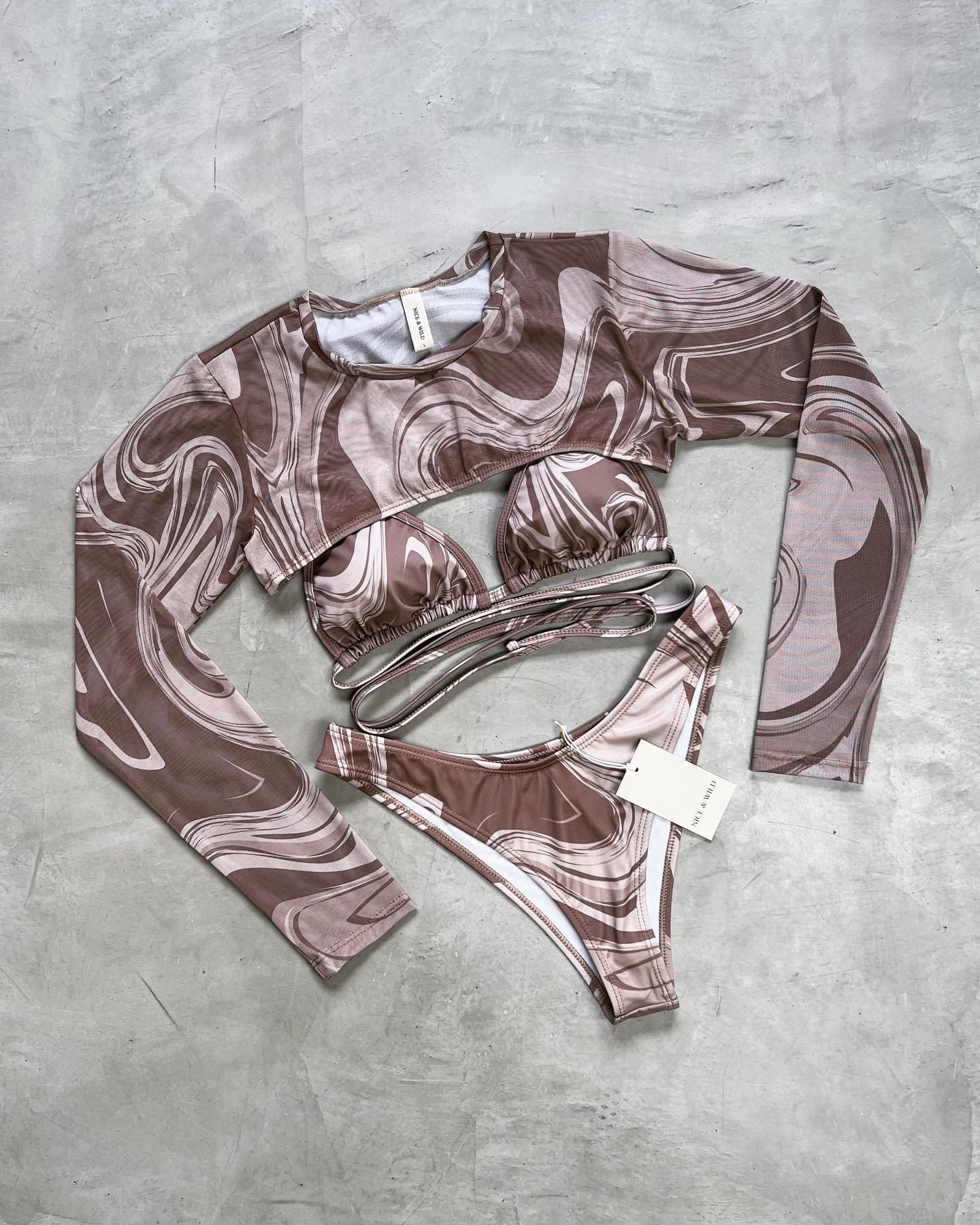 SET BIKINI VETEADO CAFE + FALDA EN MALLA