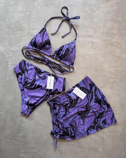 BIKINI BRONCEO VETEADO MORADO + FALDA EN MALLA