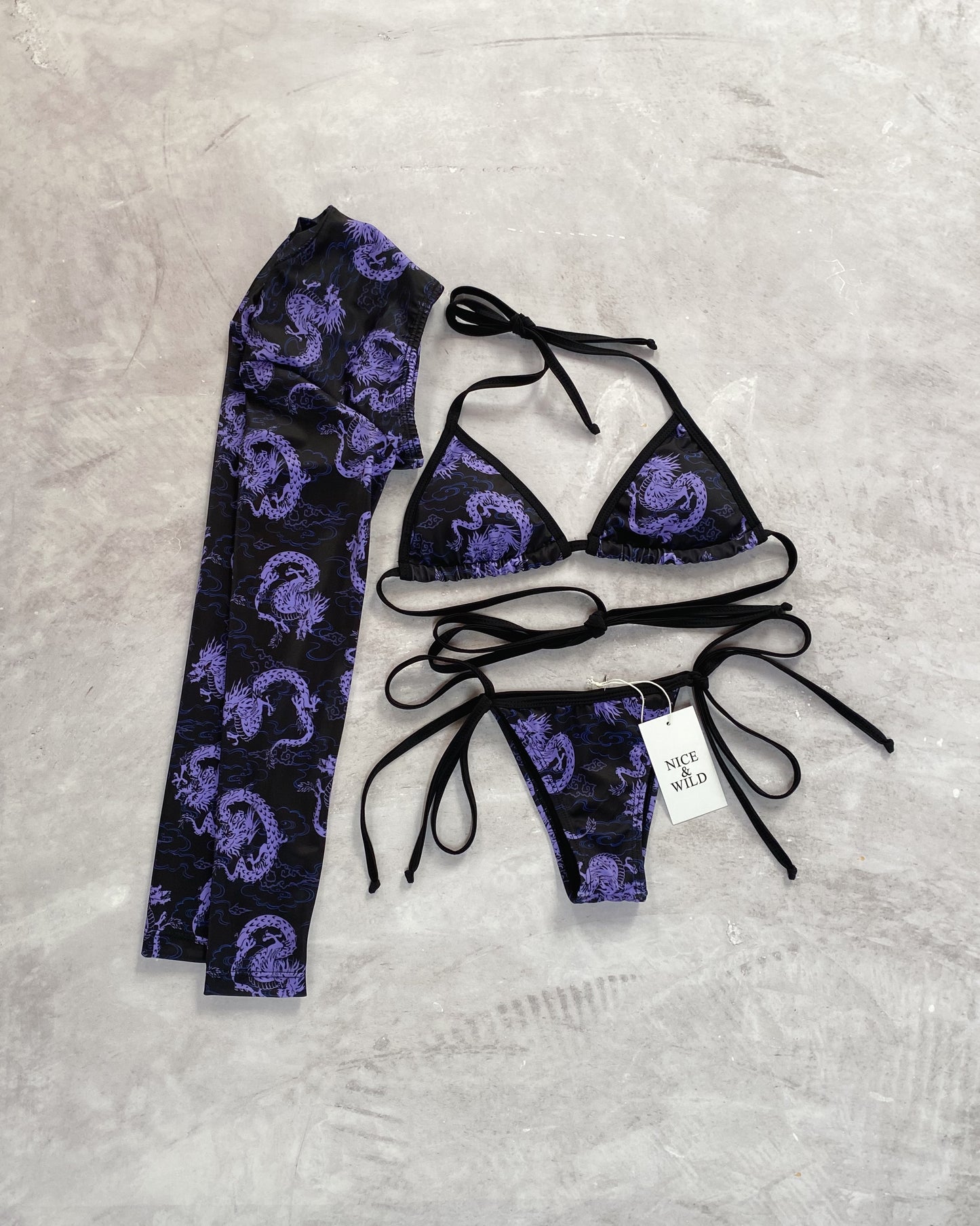 SET BIKINI DRAGÓN MORADO + FALDA EN MALLA