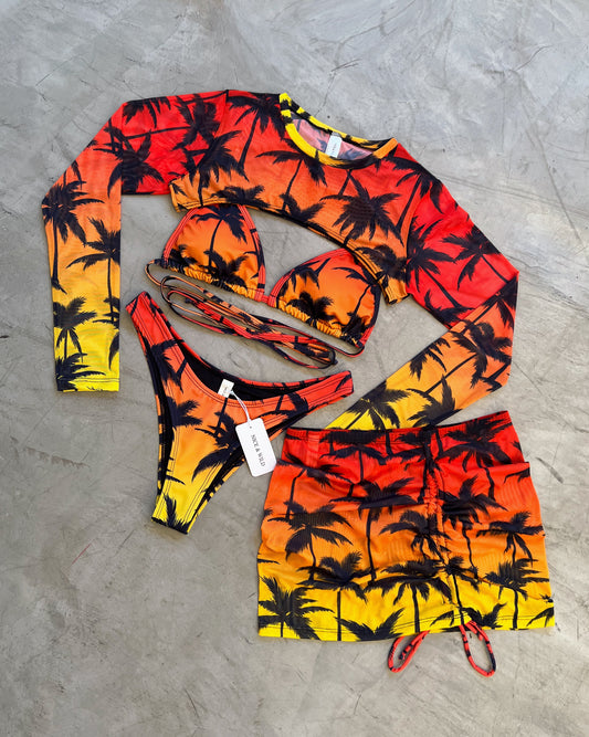 SET BIKINI PALMERAS NARANJA + FALDA EN MALLA
