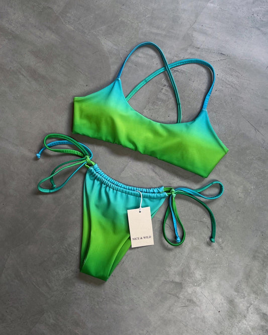 BIKINI CRUZADO DESVANECIDO VERDE + FALDA EN MALLA