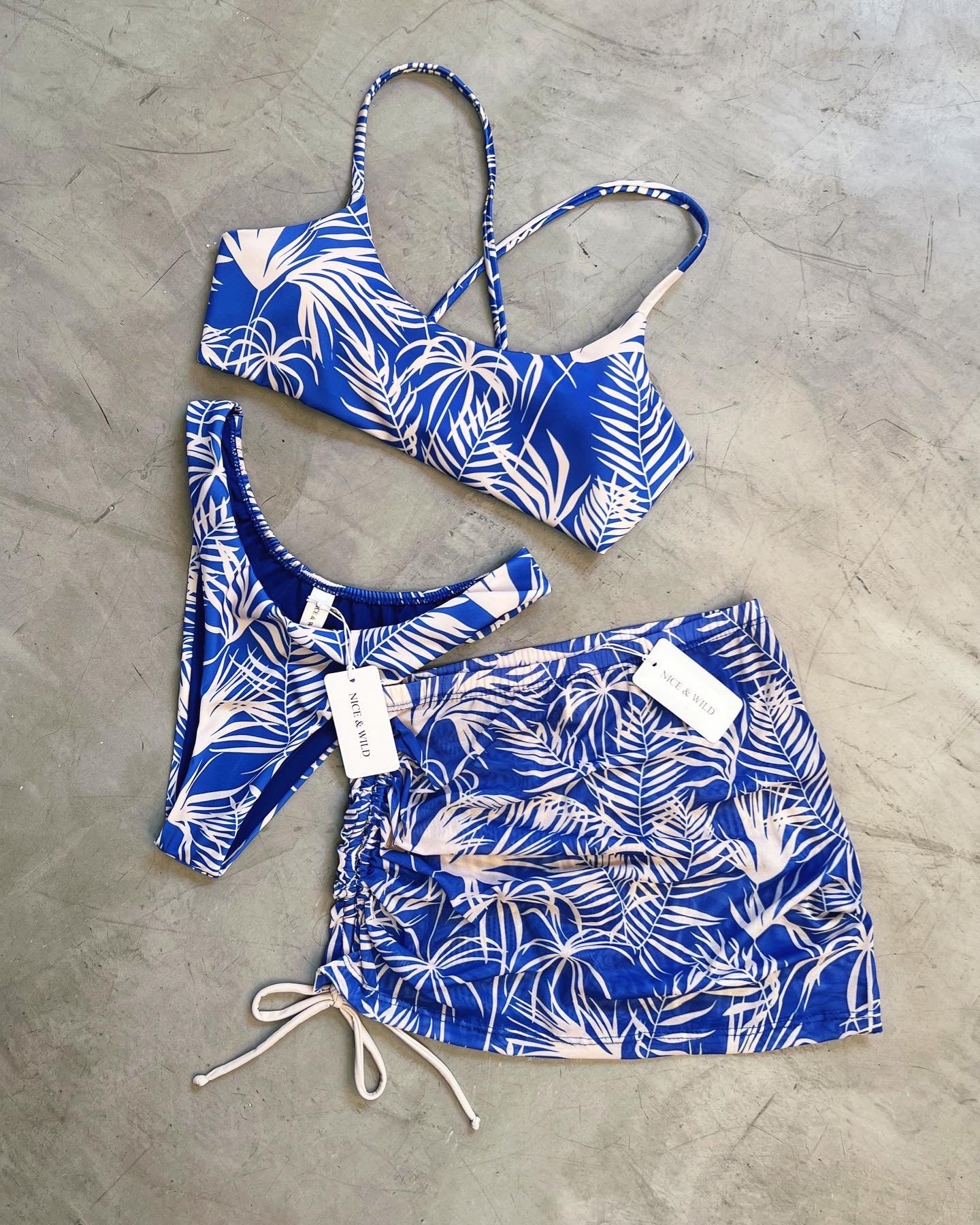 BIKINI CRUZADO RAMAS AZUL + FALDA EN MALLA