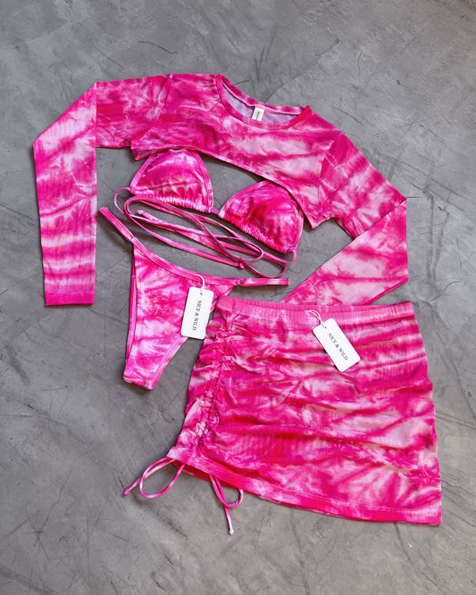 SET BIKINI VETEADO ROSADO + FALDA EN MALLA