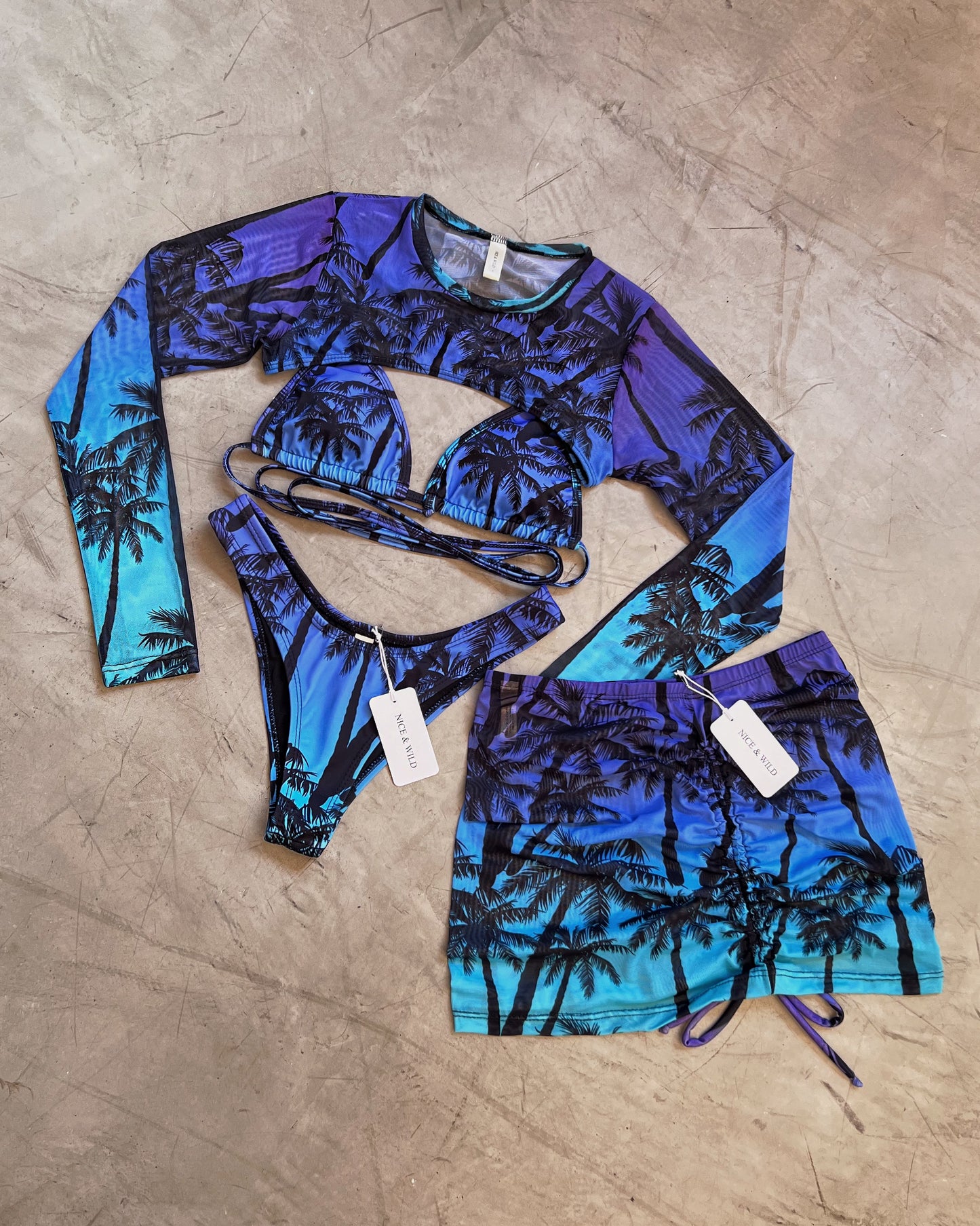 SET BIKINI  PALMERA MORADA + FALDA EN MALLA